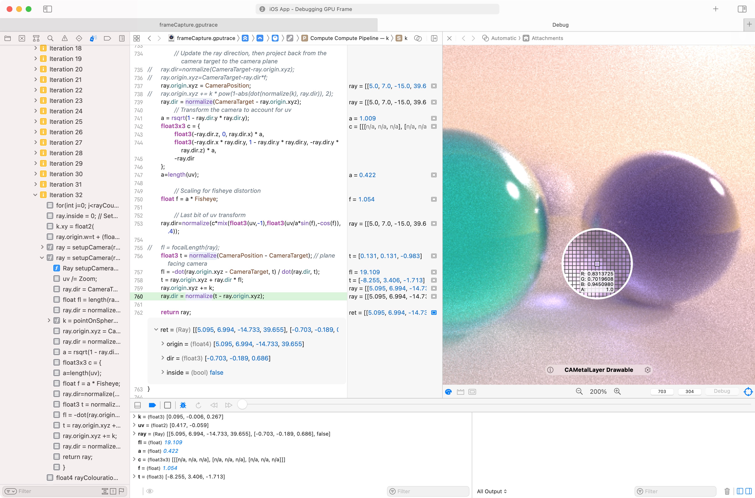 The shader in Xcode's GPU debugger