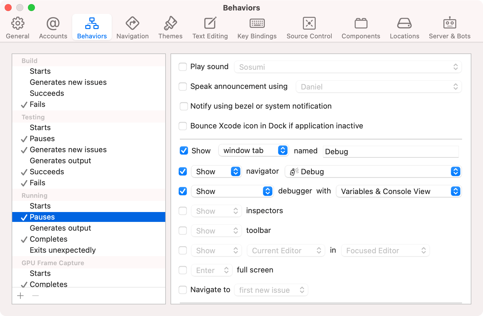 Configuring debug behaviour